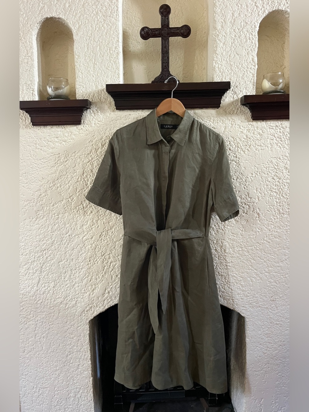 NWOT 100% Linen Ralph Lauren Front-Tie Shirtdress in Olive Green